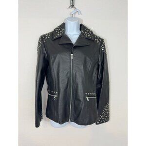 Pamela McCoy Black Leather Studded Moto Jacket Size M